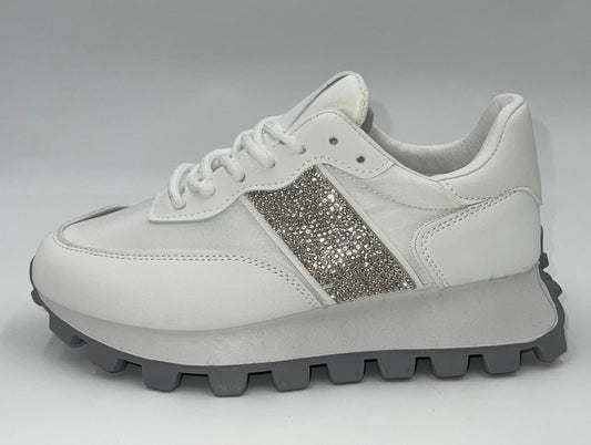 Grey and white diamanté trainers