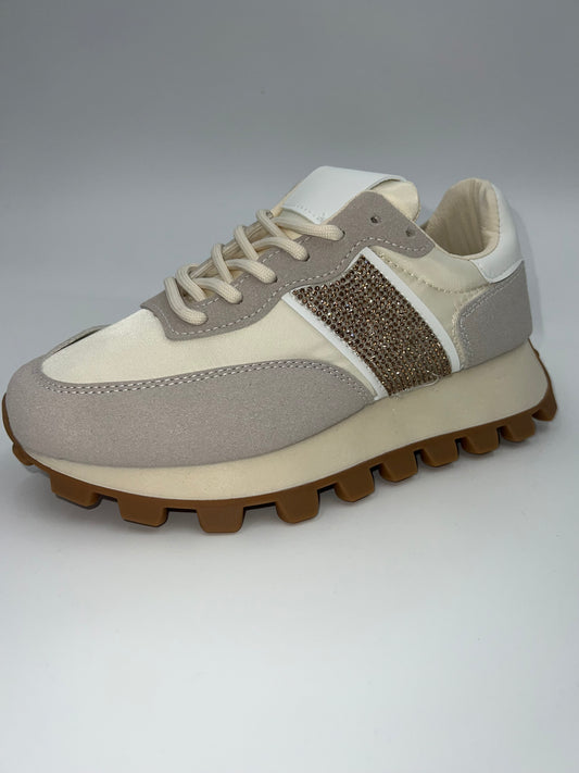 Beige grey and gold trainers